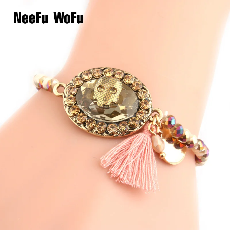 

NeeFuWoFu Skull Crystal Bracelets Brand Bracelet Pulsera Bohemia de Madera Estrela de Cinco Pontas Charm Bracelet Perles 2018