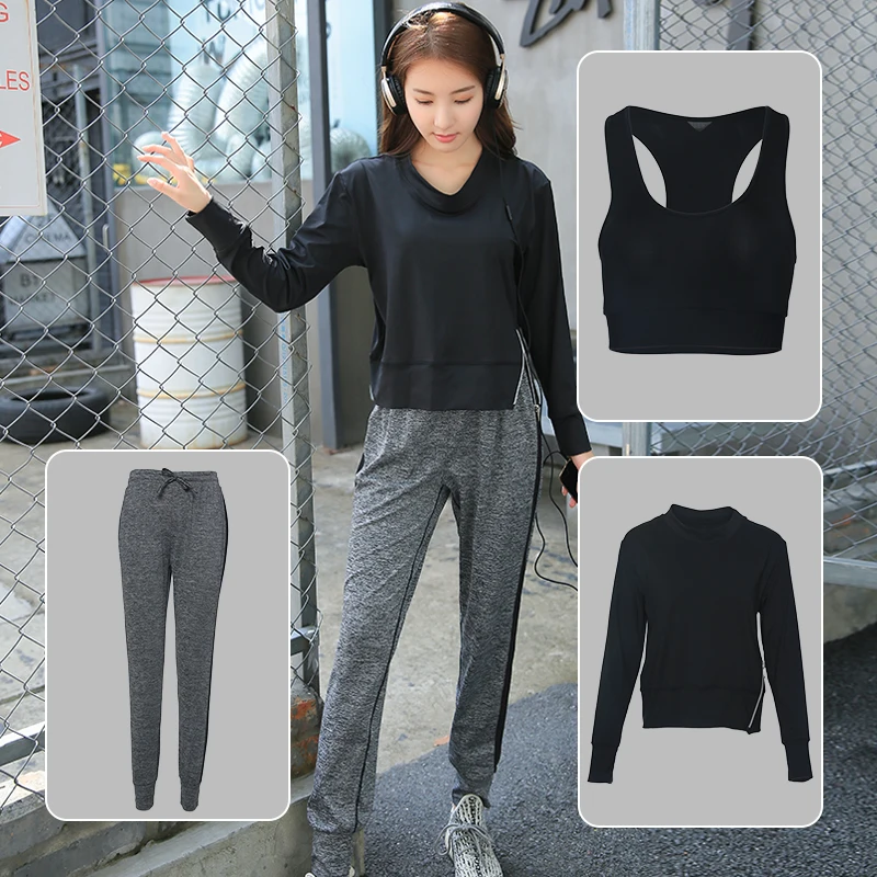 

3 in 1 Set Hot Sell Top Quality Fitness Women Yoga Set Sport Bra & Pants & Zipper Loose T-Shirts Sport Wear Suit Outdoor Jogging