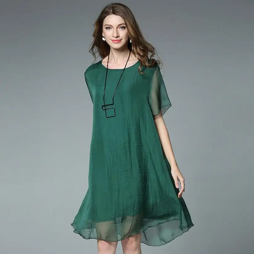 

Free Shipping JRY New Summer Dress Women Fashion Round Collar Short Sleeve Solid Color Silk Chiffon Casual Dress Black/Green