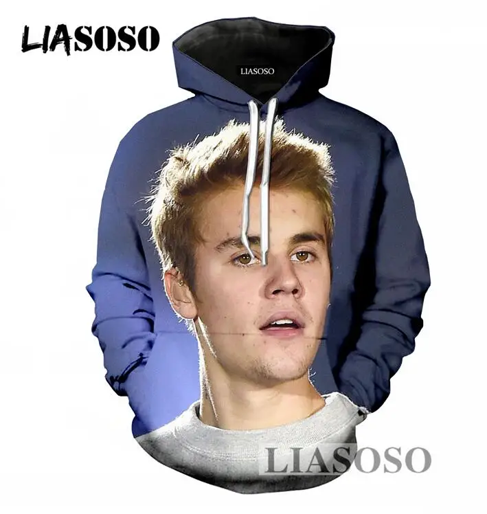 LIASOSO Popular Men/Women Hoodies Casual Long Sleeve Sweatshirt 3D Print Singer Justin Bieber Pullover Hoodies Loose Hooded T696