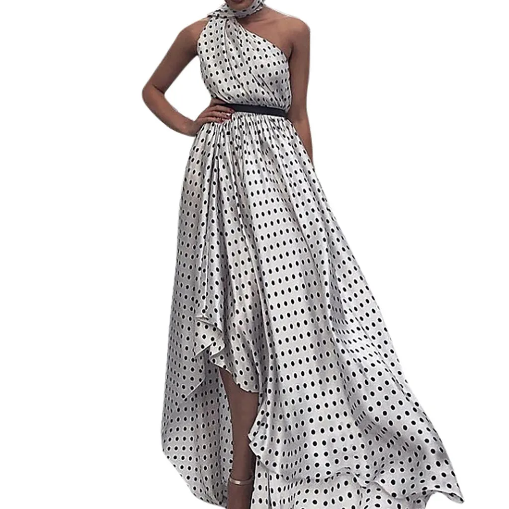 

Women Dress Dot Print Off Shoulder Party Bandage Summer Ladies Sleeveless Open Back Long Dress G0509#20