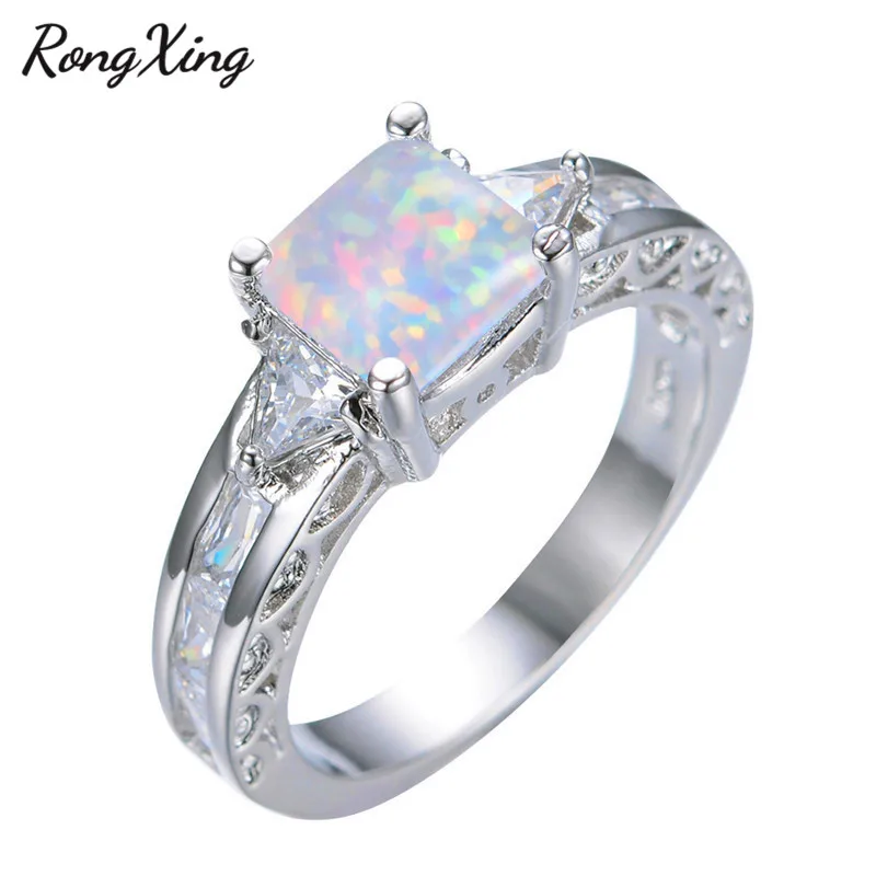 RongXing 7 мм квадратный белый/синий огненный опал кольца для женщин 925 пробы заполненный серебром белый циркон ювелирные изделия, обручальное кольцо RP0206