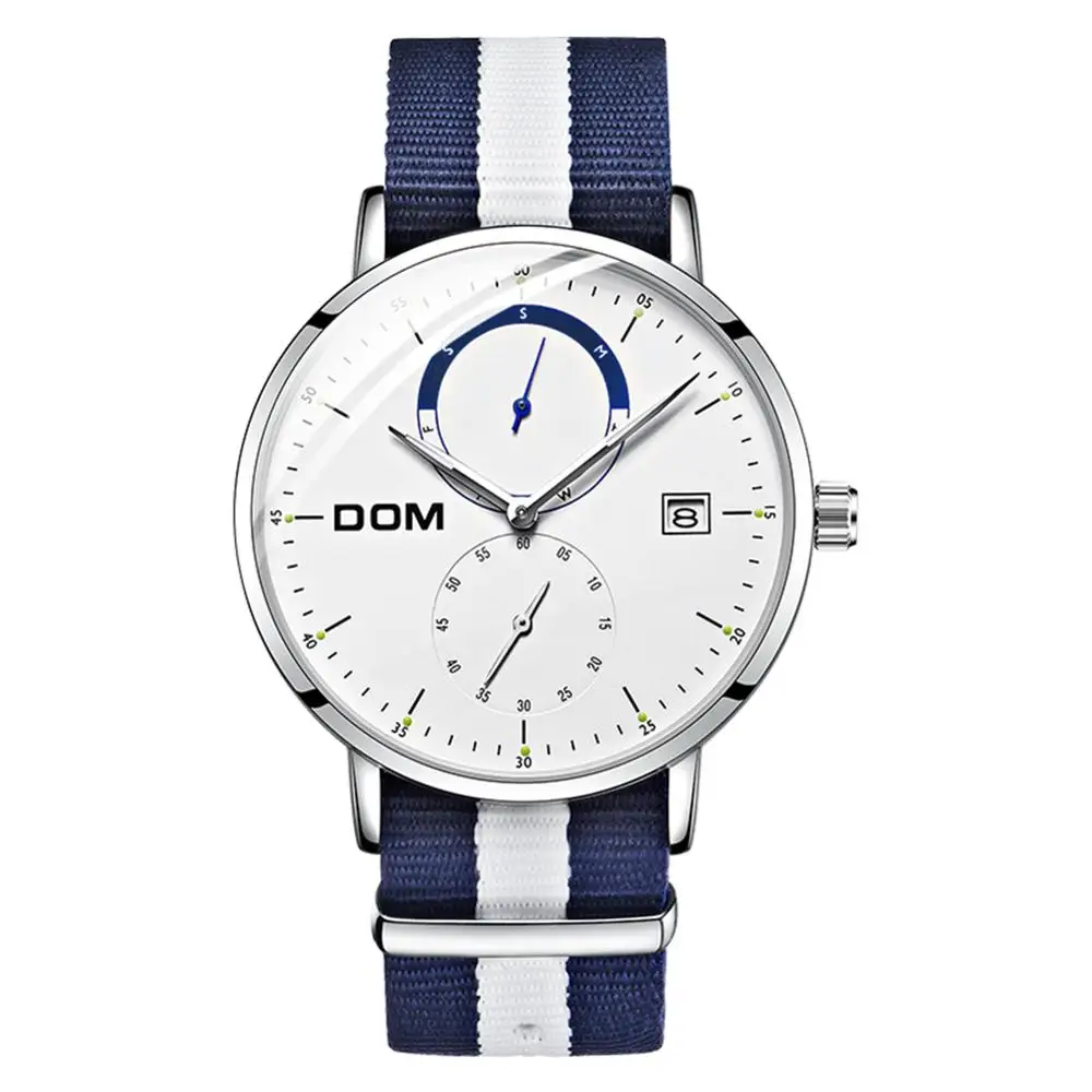DOM Мужские кварцевые наручные часы супер тонкий Авто Дата светящаяся 3 руки нейлоновый ремешок мужской браслет часы модные студенческие