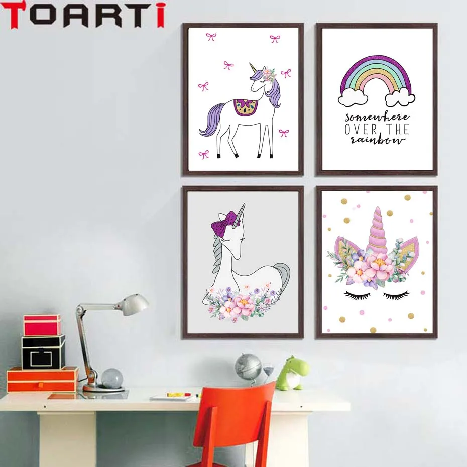 

4pcs$10.99 Cute Children Poster Rainbow Unicorn Canvas Wall Art Print Painting Decoration Picture Nordic Kids Bedroom Decor Gift