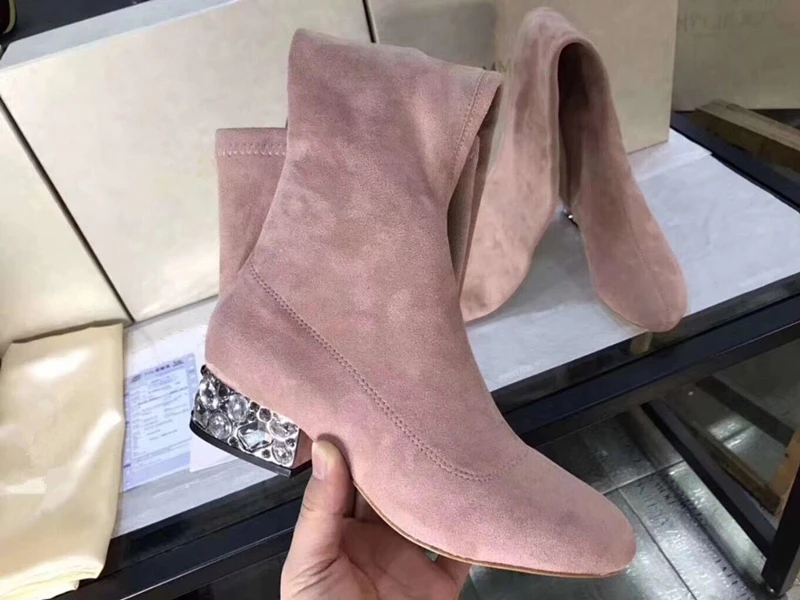 Suede Leather Rhinstone Long Over The Knee Boots Shoes Ladies Sexy Party Elastic Force Zipper Motorcycle Low Heels Boots Woman Suede Leather Rhinstone Long Over The Knee Boots Shoes Ladies Sexy Party Elastic Force Zipper Motorcycle Low Heels Boots Woman