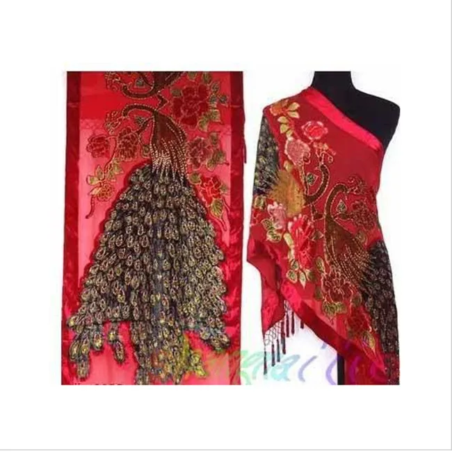 Новинка, Модный женский шарф из пашмины с изображением животных павлина, бархатный шелковый вышитый бисером шарф с кисточками, прямоугольная шаль с вышивкой, 50 см* 170 см - Цвет: Red