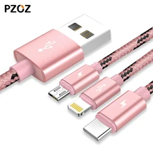 Pzoz 3 in 1 usb cable for iphone 7 6 6s 5 5s se android nylon 3 in 1 cable micro usb type c 3in1 usb c data fast charging 120cm