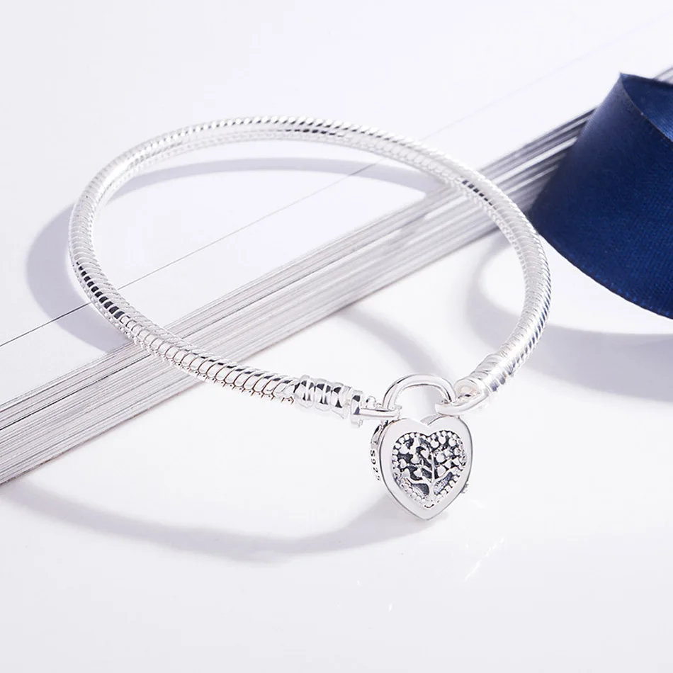 

30% Silver Bangle for Women Moments Bracelet with Tree of Love Clasp Snake Chain fit Lady Bead Charm Pendants