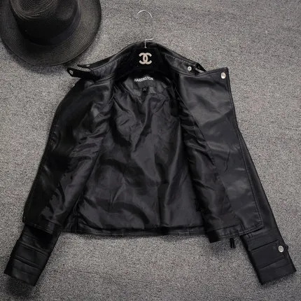Moto Turn Courts Ht120 down Pu Femmes Noir Manteaux cuir Vestes Zipper Femelle Pu Slim Collar Dames vZgYqO