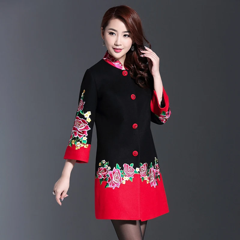 Plus Size 4XL Cashmere Flower Embroidery Women Winter Long Coats 2018 Black Red Patchwork Single Breasted Eleagnt Overcoat Plus Size 4XL Cashmere Flower Embroidery Women Winter Long Coats 2018 Black Red Patchwork Single Breasted Eleagnt Overcoat