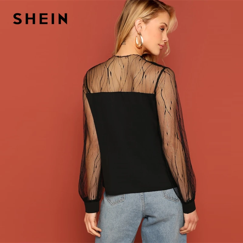  SHEIN Black Sheer Contrast Mesh Yoke Sweetheart Neck Round Neck Top Women Spring Elegant Autumn Cas