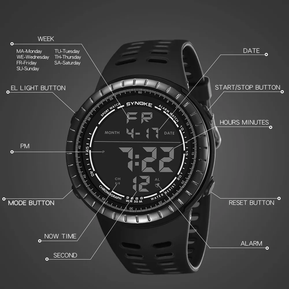 SYNOKE многофункциональные 50 м водонепроницаемые часы светодиодный цифровые часы двойного действия электронные часы цифровые часы модные gif мужские watc