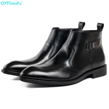 

QYFCIOUFU Autumn Winter Mens Genuine Leather Men's Dress Boots Pointed Toe Zipper Ankle Boots Luxury Men Chelsea Boots Shoes