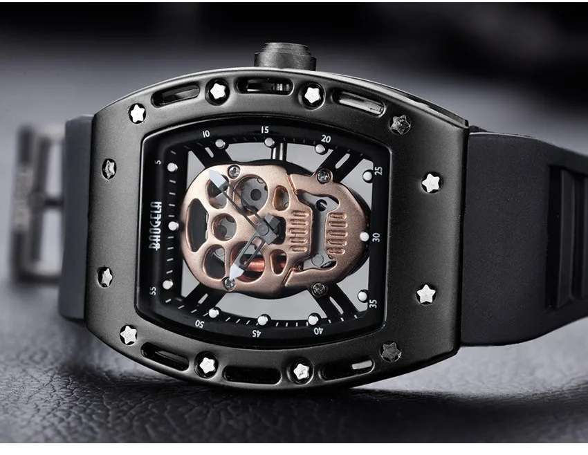 Baogela Мужские Силиконовые аналоговые кварцевые часы модные военные водонепроницаемые наручные часы с скелетом для мужчин 1612 розовое золото