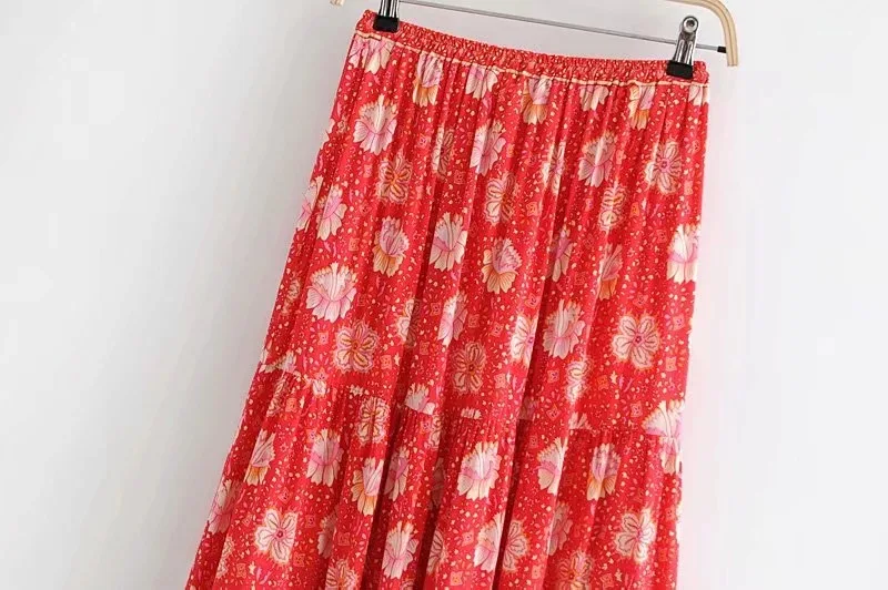 Бохо юбка красный цветочный принт летняя юбка эластичная талия Длинная пляжная юбка одежда хиппи Цыганская макси Женская юбка falda
