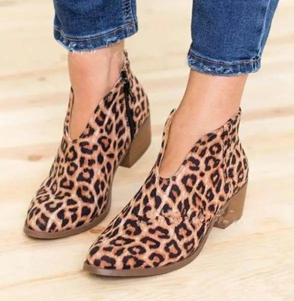 

Women's shoes 2019 leopard sexy pointy smudged ankle boots deep V-shaped non-slip ladies high-heeled party dress shoes