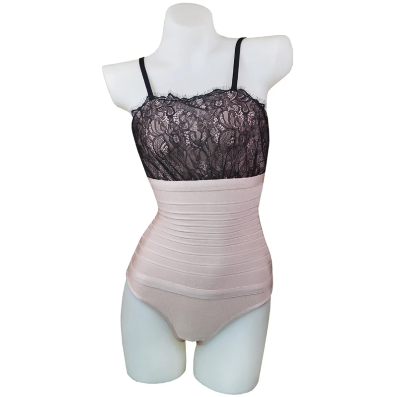 

2018 Summer Crop Top Women Sexy Lace Bodysuits Knitted Bodycons Spaghetti Strap Bandage Bodysuits Black and Beige Skinny Party