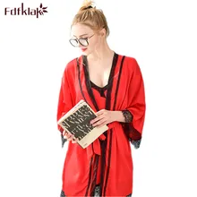 Fdfklak Высокое качество Новые шелковые пижамы сексуальная v-образным вырезом кружева домашняя одежда для женщин халат комплект Женская одежда для сна халаты наборы