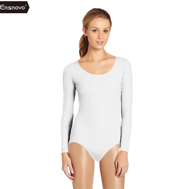 Ensnovo женский белый купальник с длинным рукавом для балета, гимнастики, на заказ, костюм для тела, танцевальные стринги, костюмы - Цвет: White