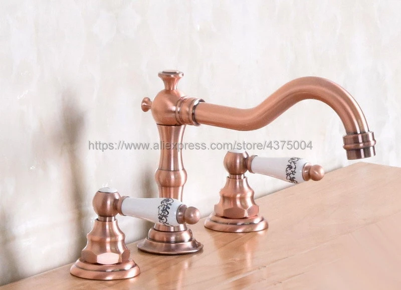 Bathroom Sink Faucet Antique Red Copper Widespread 3pcs Ceramics Handles Basin 3 Holes Mixer Tap Nnf175