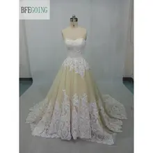 Цвет шампанского, тюль, белое кружевное ТРАПЕЦИЕВИДНОЕ свадебное платье, часовня, шлейф, милая шнуровка, свадебные платья, настоящие/оригинальные фотографии