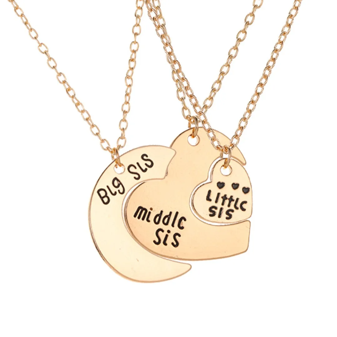 3pcs Women Girl Big Middle Little Sister Heart Pendant Friendship Necklace Jewelry Fashion Silver Gold Alloy Chain collares