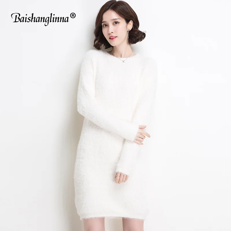 

Baishanglinna Fashion 2017 Women Autumn Winter wool Sweater Dresses Casual o-neck Sexy Solid Color Robe Knitted Dress new