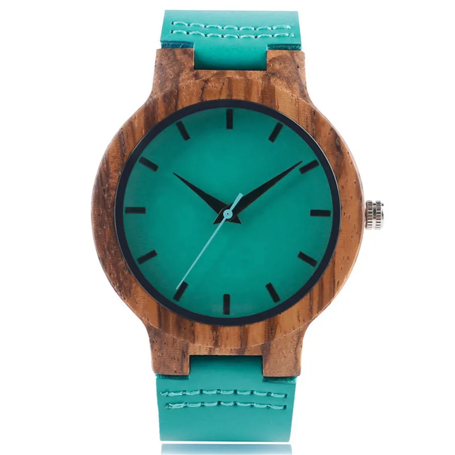 Fashion Blue Wood Quartz Watch Analog Genuine Leather Band Handmade Bamboo Wooden Wristwatch for Men Women Creative Gift Sport Clock (3)