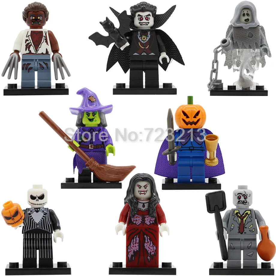 

Halloween Single Figure Skeleton Jack Witch Zombie Ghosts Pumpkin Man Werewolf Vampire Count Queen Building Blocks PG8080