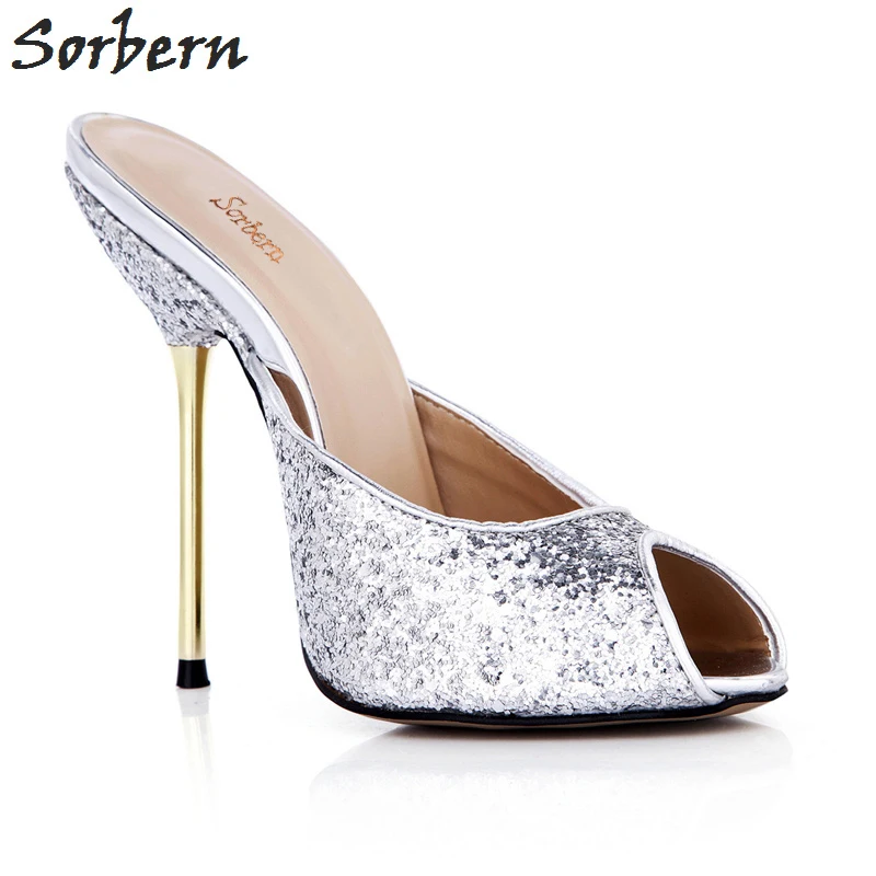 

Sorbern Women Summer Slippers Sequined Cloth Ladies Party Slipper Peep Toe Metal Heels 2018 Thin Heels Flock Women Slippers
