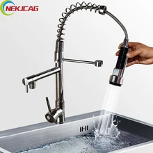 Chrome Finished Single Handle Double Spout Kitchen Faucet Deck Mounted Kitchen Vessel Sink Mixer Tap Pull Out Sprayer Faucets