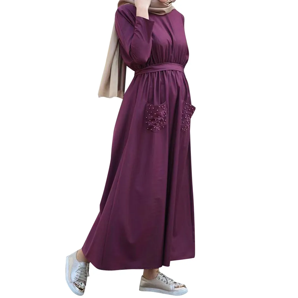 

2019 summer dress Muslim Women Summer Solid Color Pearls Embellished Flowing Dress robe femme ete female vestidos verano