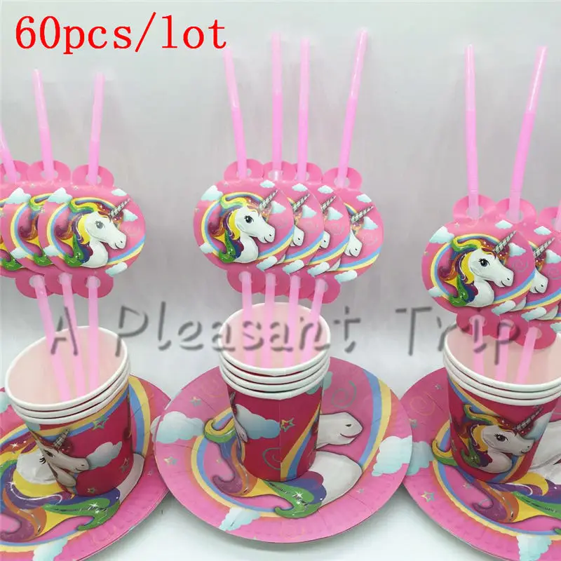 

60pcs/lot Supply cardboard+papercup+straw cartoon Unicorn child birthday party disposable tableware for all kinds of partie