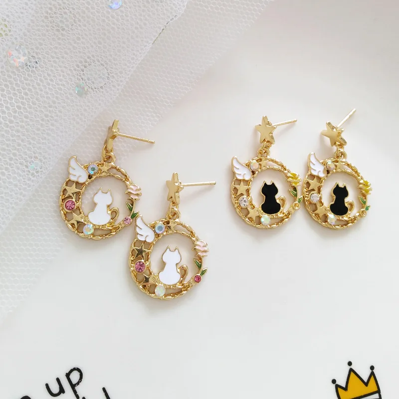 

Girls Gold-color Moon Colorful Drop Earrings White Cats Rhinestone Cartoon Earrings Korean Fashion