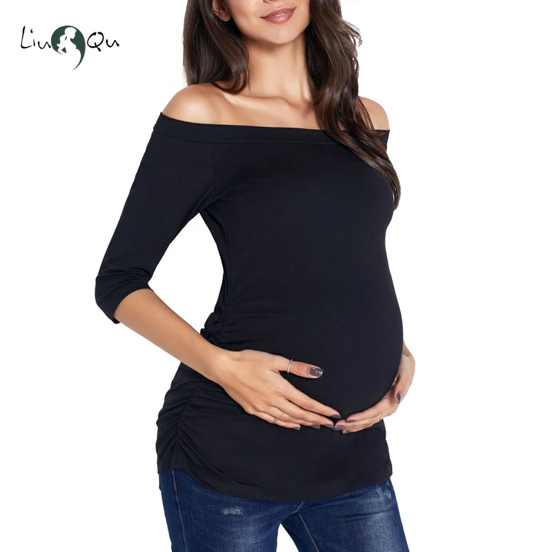 Womens Pregnancy Off Shoulder 3 Quarter Blouse Striped Top Maternity Clothes Slash Neck Pregnancy Womens Clothing ropa mujer