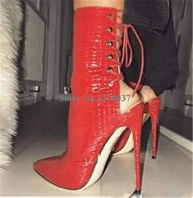 Для женщин бренд острый носок с узором; кожаные сапоги на шпильке тонкий каблук короткие ботинки-гладиаторы со шнуровкой, со шнуровкой и вырезами, ботильоны на высоком каблуке