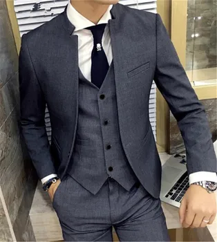 

Brand Grey Wedding Men Tuxedos Stand Collar Suit Men's Business Office Slim Fit Good Quality Male Suits 3 Pieces