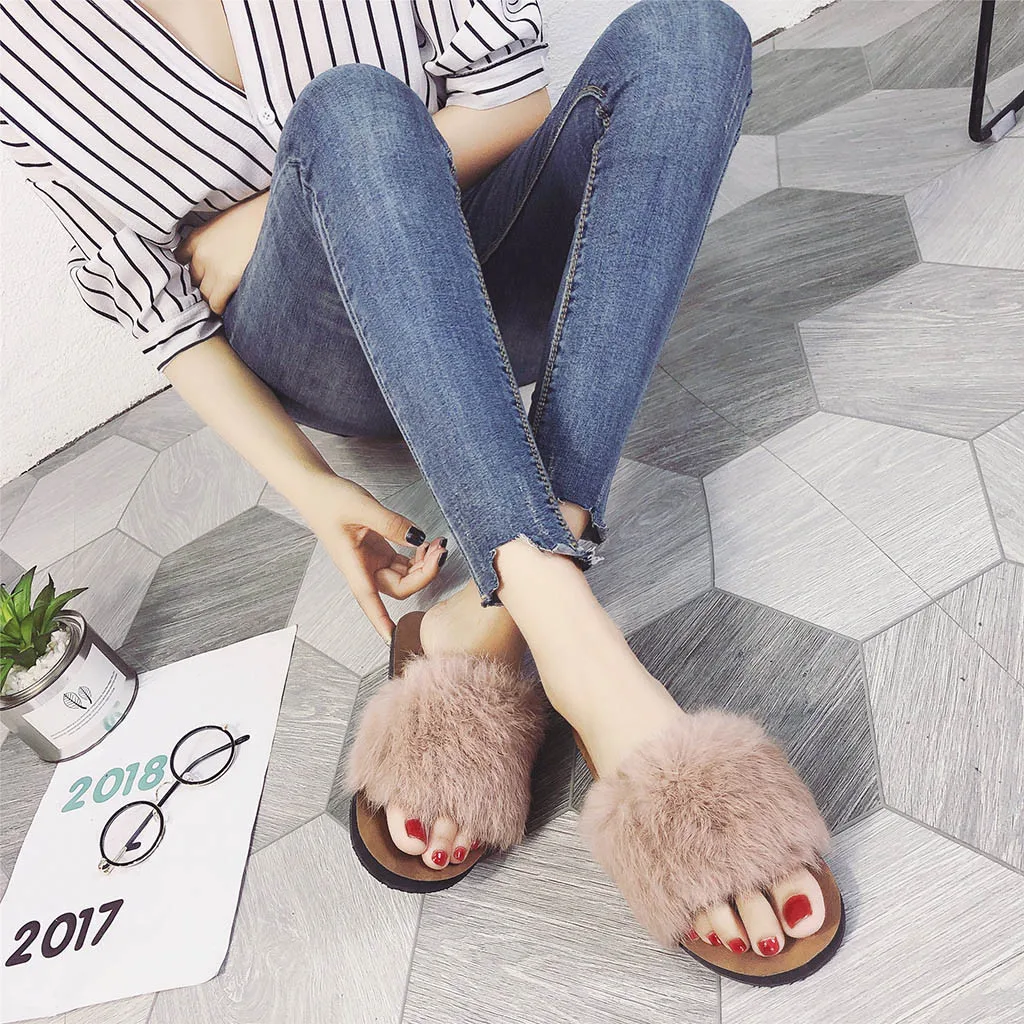 

Fur Furry Slide Sweet Feather Flat Bottom Beach Female Sandals Hair Flip Flops Women Home Slippers Outside Shoes Faux Fur Flat