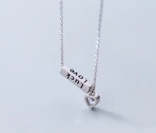 

100% real 925 Sterling Silver Fine Jewelry White cz Heart & "LUCK/ LOVE" Engraved Geometric rectangle Pendant necklace GTLX1807