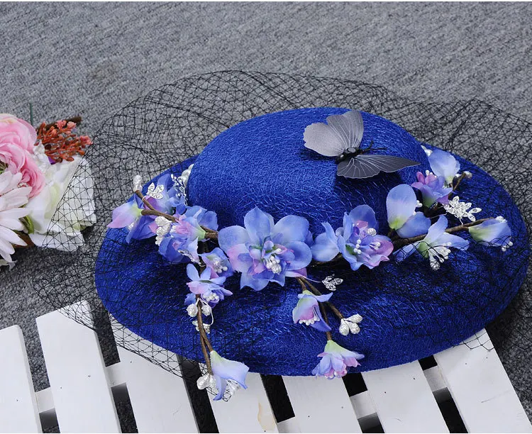 Королевский синий птичья клетка Свадебная шляпа Цветочная бабочка перламутровая вуаль чародей для женщин плюшевые бархатные женские вечерние головные уборы для невесты Новинка