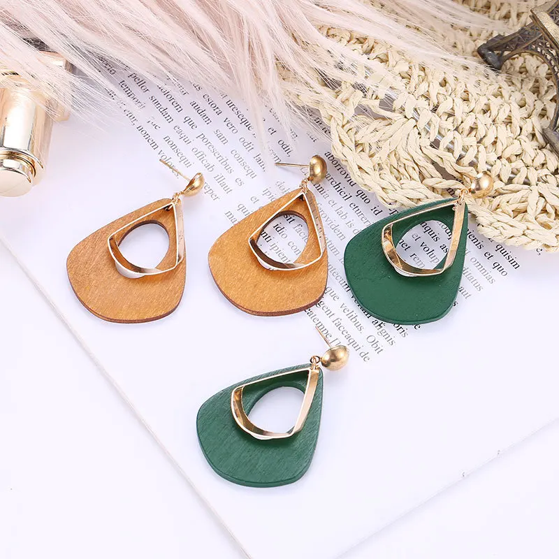 Korean Wooden Drop Earrings Personality Simple Geometric Hollow Water Drop Dangle Brincos EB152 - Image 3