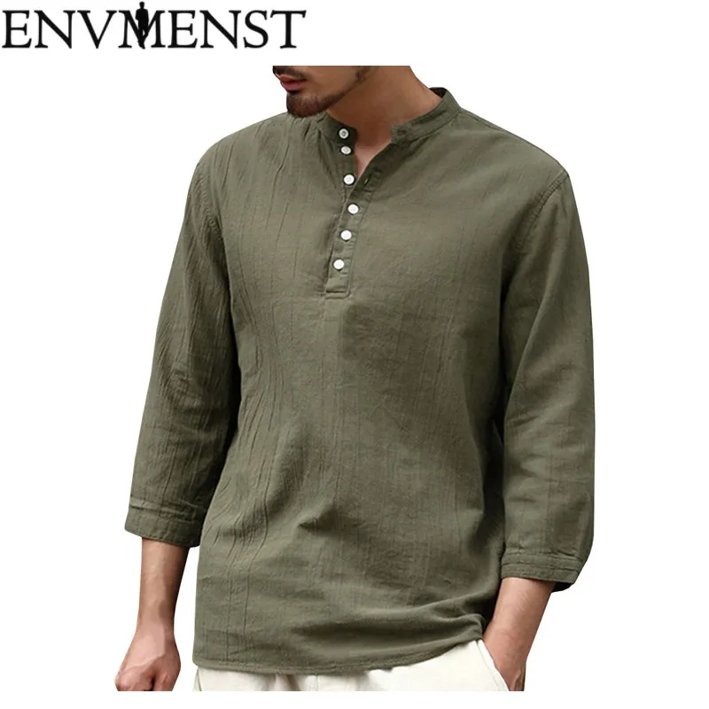 Envmenst Men's Shirt 3/4 Sleeve Hippie Men Henley Tops Tshirt New Brand ...