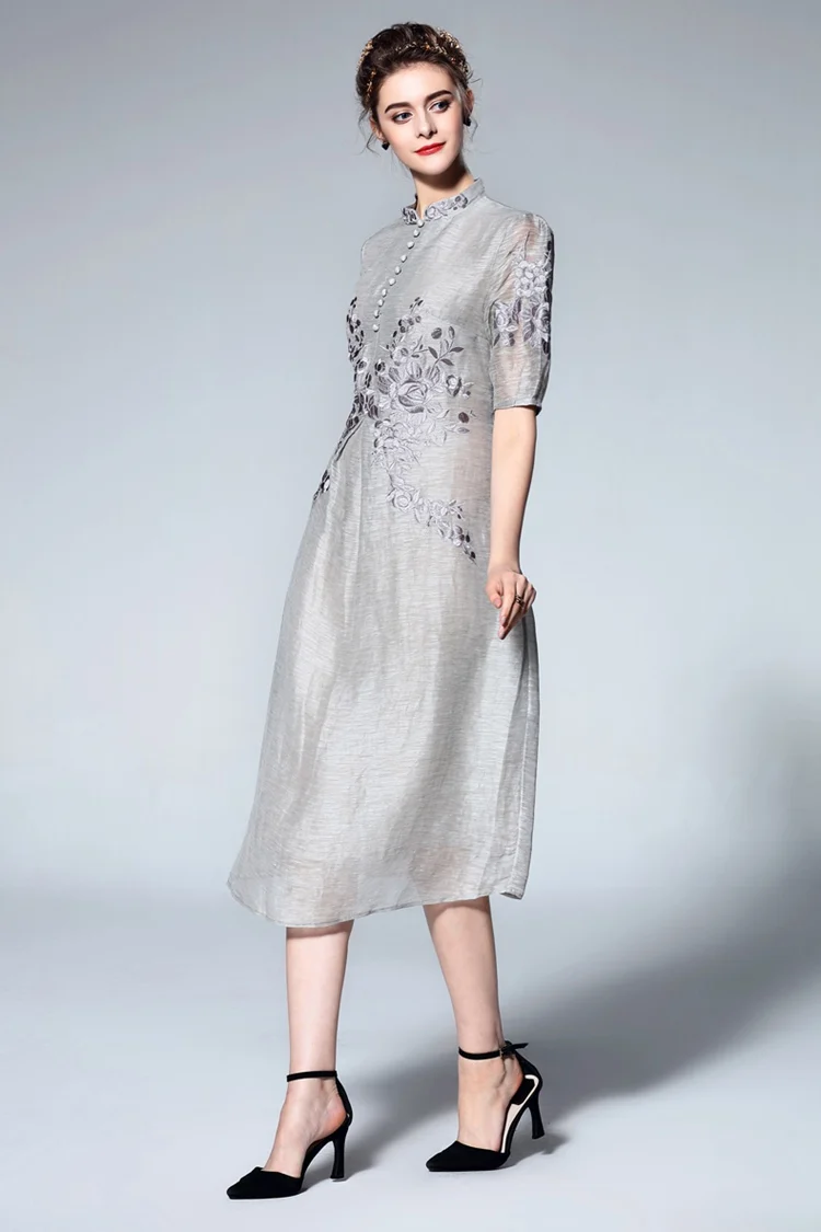 Grey Vintage Embroidery Stand Collar Shift Dress (6)