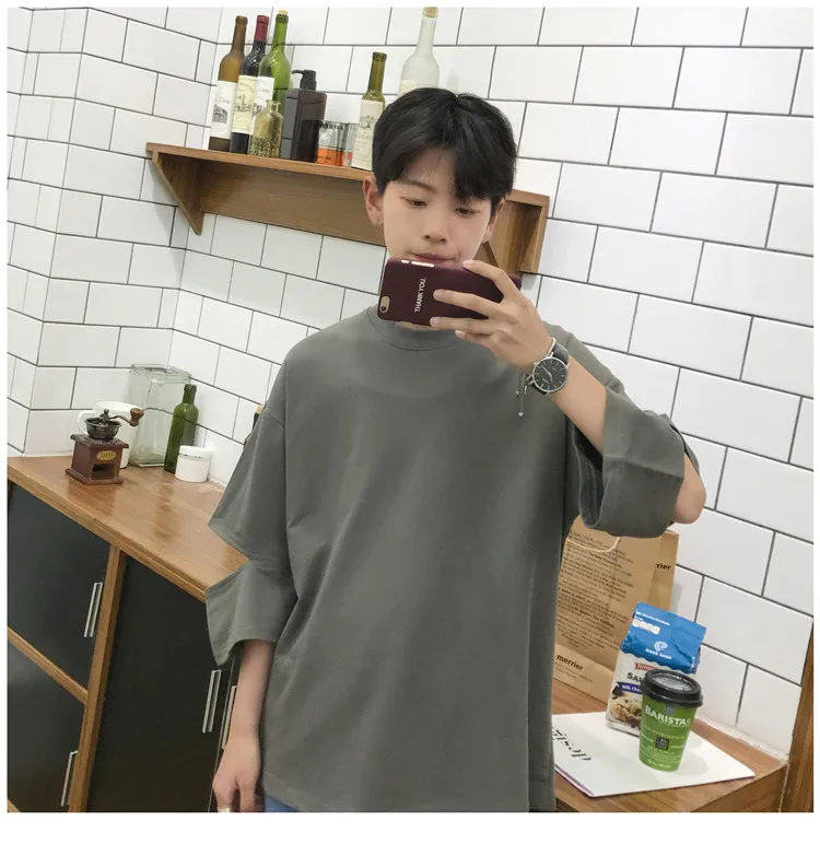Летняя Новинка белая футболка мужская корейская мода свободная рваная футболка с дырками круглый вырез Harajuku уличная хип-хоп футболка Топы