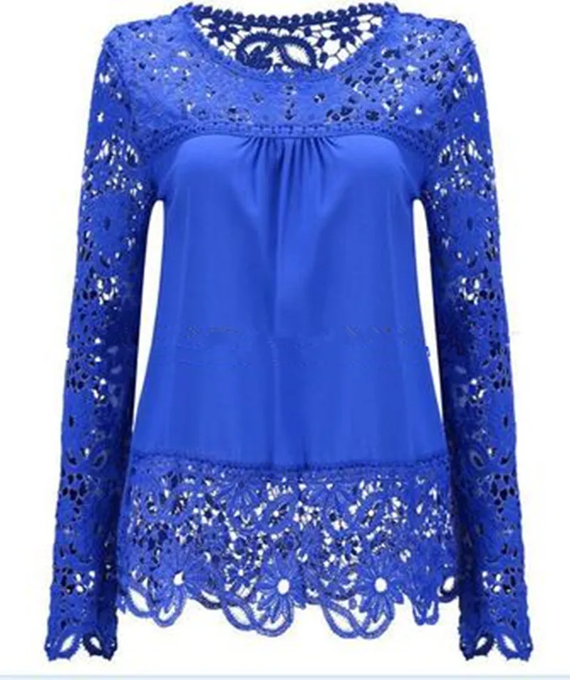 

2018 New Hot Women's Lace Blouses Casual Plus Long Sleeve Hollow Out Flowers Lace Patchwork Chiffon Shirts Plus Size XS-7XL Tops