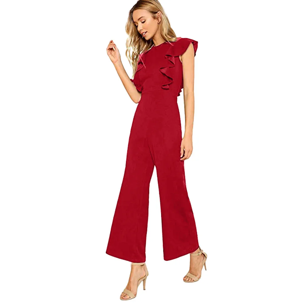 

Women Sexy Casual Sleeveless Rompers Solid Ruffles Trim Playsuit Wide Leg High Waist Long summer Jumpsuit
