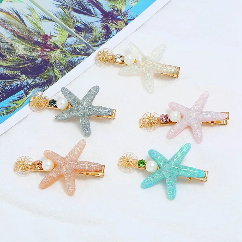 

New Resin Acrylic Starfish Pearl Hair Clips Hairpins Candy Color Crystal Hairpin Women Summer Beach Barrettes Hair Accessories