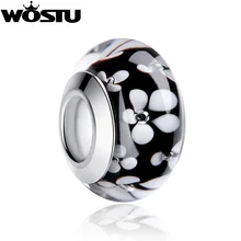 Высокое качество белый цветок черный муранского стекла бусины подходят WOST серебряный шарм браслет ожерелье DIY Ювелирные изделия ZBB6344