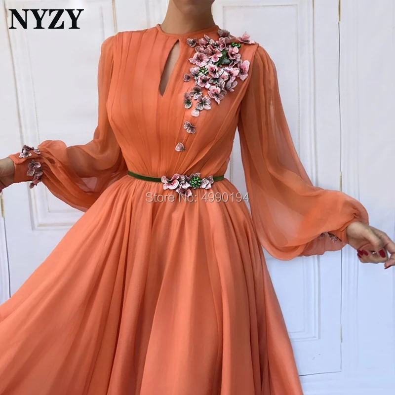 

NYZY E133 Chiffon Orange Long Sleeve Arabic Muslim Evening Dress Elegant Robe Soiree Dubai abendkleider 2019 abiye gece elbisesi