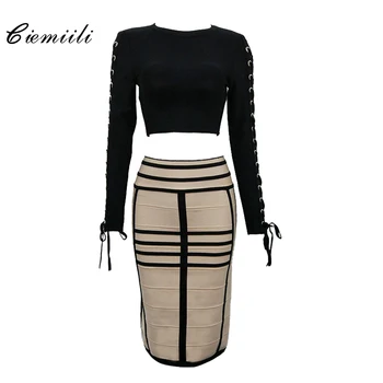 

CIEMIILI 2018 Two Sets Lace-Up O-Neck Women Bandage Dresses Back Zippers Bodycon Nylon Patchwork Celebrity New Plaid Women Dress